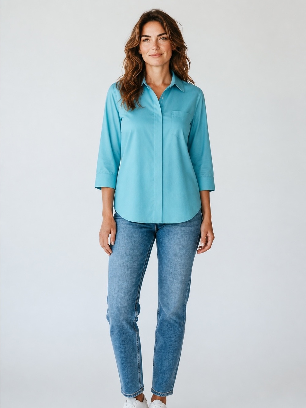 Chicos Women’s Size 4-6 No Iron Hidden Button Up 3/4 Sleeve Shirt Blue
